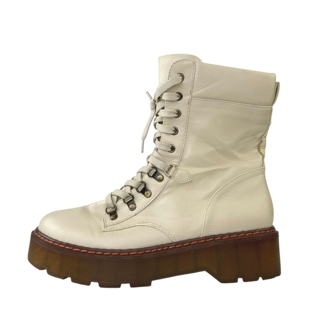 Sam Edelman Circus Sanders Ivory White Leather Round Toe Lace Up Combat Boots 11